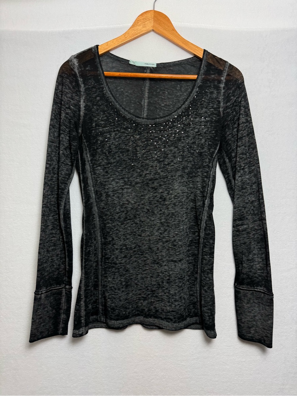 Maurices Black Burnout Rhinestone Scoop Neck Long Sleeve M